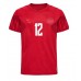 Camisa de Futebol Dinamarca Kasper Dolberg #12 Equipamento Principal Mundo 2022 Manga Curta